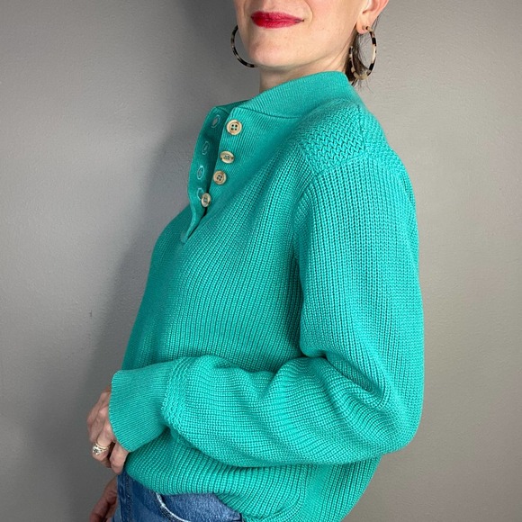 Vintage 90s button henley pullover sweater chunky knit grandpa cotton teal green - Picture 14 of 17